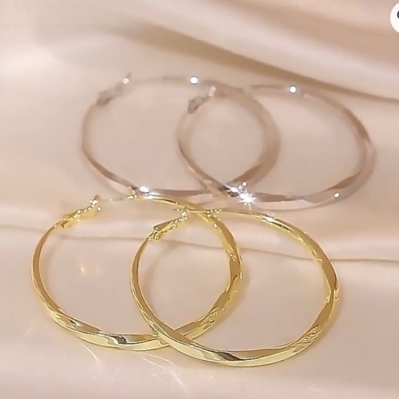 Pierced Hoop Earrings Large Silvertone Twisted Shiny and Brushed - Picture 1 of 4